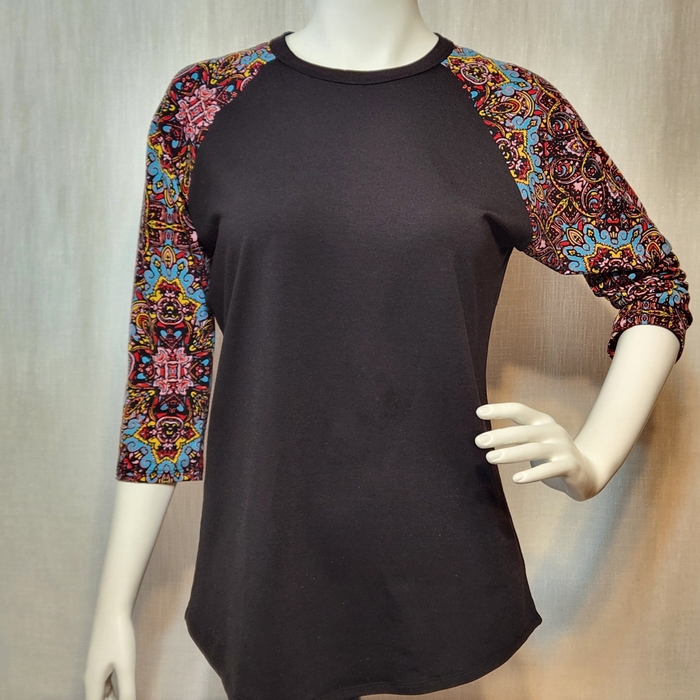 Lularoe Randy Shirt Solid Black Colorful Sleeves Medium